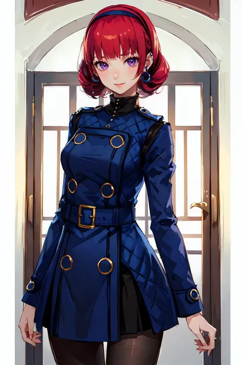 ultra detailed, masterpiece, best quality,
solo,
cowboy shot,
facing viewer,
smile,
<lora:Velvet-Room-F-OutfitV2_Fp:1> velvetfoutfitv2, pantyhose, hairband,
1girl, purple eyes, red hair, (low hair rings:1.35), blunt bangs, medium breasts,
taut clothes, choker,