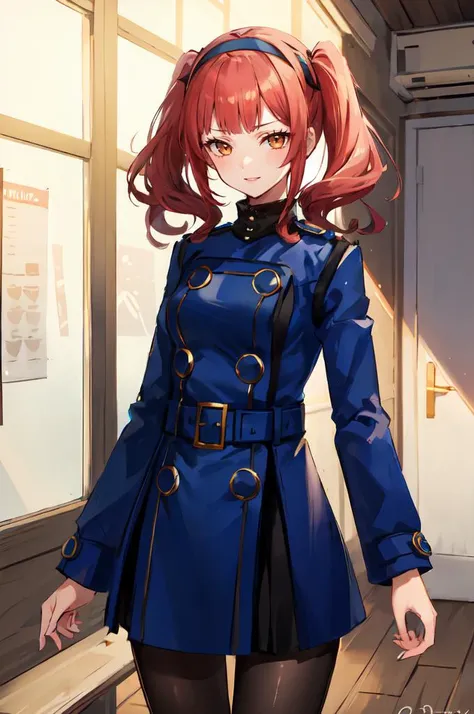 ultra detailed, masterpiece, best quality,
solo,
cowboy shot,
facing viewer,
smile,
<lora:Velvet-Room-F-OutfitV2_Fp:1> velvetfoutfitv2, pantyhose, hairband,
1girl, red hair, (orange eyes:0.5), (amber eyes:1.1), swept bangs, parted bangs, medium hair, (low twintails), small breasts, <lora:Tsurime3:1>, (tsurime:1.2), low tied hair, (low short twintails), low twintails,