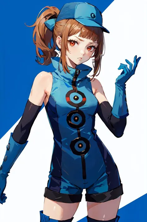 ultra detailed, masterpiece, best quality,
solo,
cowboy shot,
facing viewer,
frown,
<lora:Velvet-Room-F-OutfitV1_Fp:1> velvetfoutfitv1, hat, bare shoulders, gloves,
1girl, red eyes, brown hair, medium hair, asymmetrical bangs, swept bangs, parted bangs, cowlick, parted bangs, flipped hair, (folded ponytail:1.35), small breasts, shorts,