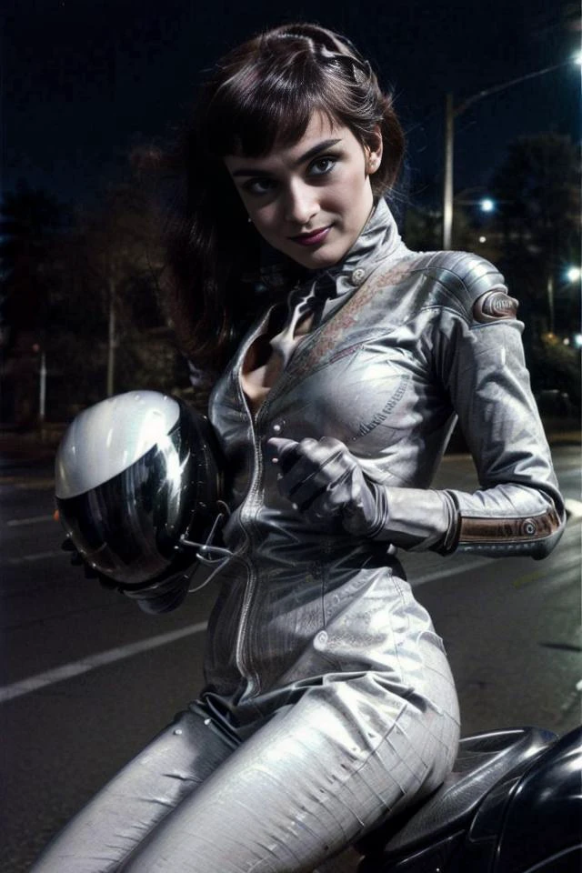 <lora:audreyHepburn_hepburn10:0.9>, looking at viewer, mugshot photo high quality, masterpiece, <lora:breastsizeslideroffset:0.25>, better_oppai, <lora:bikesuit:0.8> (colorful) latex bikesuit, riding on a ((motorcycle)), holding a motorcycle helmet, (outside on a city street at (night)), <lora:PerfectFullBreasts-fCV3.5:1.0>, <lora:more_details:0.8> <lora:GoodHands-vanilla:0.8>