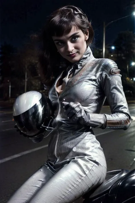 <lora:audreyHepburn_hepburn10:0.9>, looking at viewer, mugshot photo high quality, masterpiece, <lora:breastsizeslideroffset:0.25>,  better_oppai,  <lora:bikesuit:0.8> (colorful) latex bikesuit, riding on a ((motorcycle)), holding a motorcycle helmet, (outside on a city street at (night)), <lora:PerfectFullBreasts-fCV3.5:1.0>, <lora:more_details:0.8> <lora:GoodHands-vanilla:0.8>