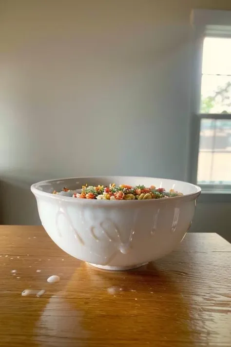 photo of a bowl of cereal, ( on cereal,  filled bowl:1.1) <lora:cum_b1:0.9> , realistic, (masterpiece:1.3), (best quality:1.3), beautiful, (intricate details), unity 8k wallpaper, ultra detailed, beautiful, aesthetic, perfect lighting, <lora:add_detail:0.25>