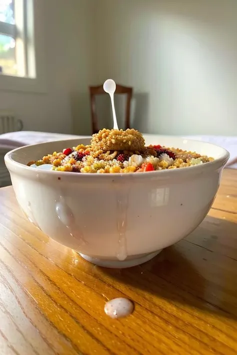 photo of a bowl of cereal, ( on cereal,  filled bowl:1.1) <lora:cum_b1:0.9> , realistic, (masterpiece:1.3), (best quality:1.3), beautiful, (intricate details), unity 8k wallpaper, ultra detailed, beautiful, aesthetic, perfect lighting, <lora:add_detail:0.25>