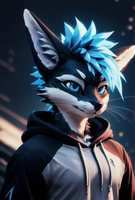 good lights, good colors, good composition, (bicolor:1.2),
masterpiece, 8k,
3/4 view, three-quarter view,
aestheticcartoon, rexouium, dark grey body, white face, spiky aqua hair, blue hair, aqua eyes,
best art,
large white shorts, black hoodie