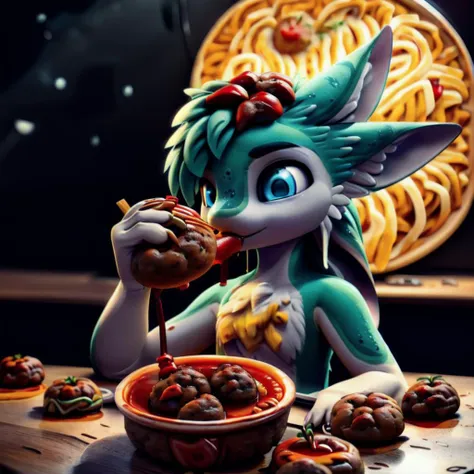 uploaded on e621,
detailed rendering of a cute ((female avali), grey body with soft pink markings, glowing cyan rim, claws, chest tuft, blue eyes),
small breast, bottomless,
(having dinner, eating, noodles with meatballs and tomato sauce:1.5)
<lora:avaliV1-medium:1> <lora:vrcfurry_v3:0.78>
((lyingon stone floor ,fantasy)), (space, starry, neon light), moon
((detailed fluffy fur)),(detailed background, depth of field, half body shadow, sunlight, ambient light on the body),
(intricate:0.7), (high detail:1.2), (unreal engine:1.3), (sharp focus:1.1),
[explicit content, questionable content], (masterpiece, best quality, 4k, 2k, shaded, absurd res) <lora:fluffyrock-quality-tags-v2.1.1-vpred:1> <lora:vrcfurry_v3:0.78>