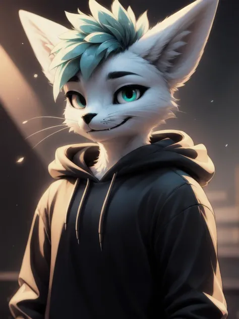 good lights, good colors, good composition, good face, gorgeous eyes, thick lines, close up portrait, smiling, detailed furs,
rim light, 8k, relaxed, (cute:0.5), teenager,
blurred background,
3/4 view, three-quarter view,
aestheticcartoon, good face, rexouium, white body, spiky mint green hair, mint green eyes,
best art,
large black shorts, black hoodie:1.3, black clothing