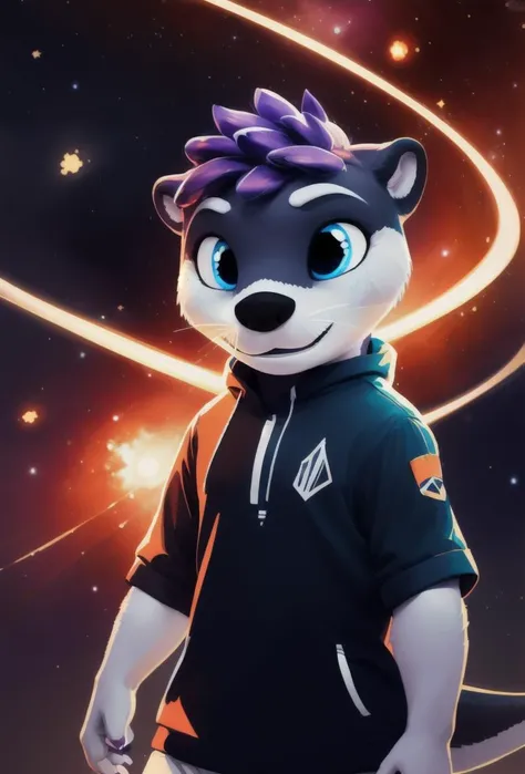 good lights, good colors, good composition, (bicolor:1.2),
masterpiece, 8k,
3/4 view, three-quarter view,
aestheticcartoon, awtter, dark grey body, white face, spiky galaxy hair, purple hair, blue glowing eyes,
best art,
casual clothes