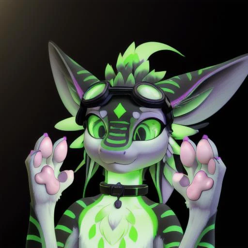 detailed rendering of a headshot of a female dark green avali, davali, big glowing green eyes, kitty face
glowing green markings,goggles on head, small collar, long tufty fur on body
, showing paws with pink pawpads
<lora:avaliV1-medium:1> <lora:vrcfurry_v3.1:0.78> <lora:fluffyrock-quality-tags-v3.0-vpred:1>