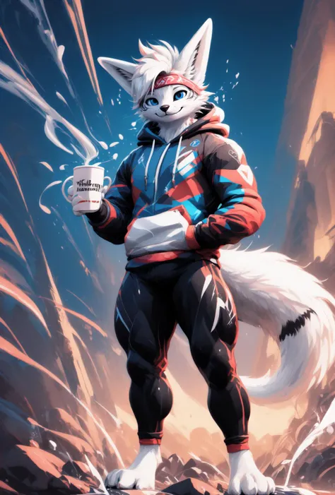 (rexouium, wavy hairs, looking at viewer:1.2),
good face, furry, (gorgeous eyes:1.2), portrait,
long fluffy tail, smiling, (cute:0.7),
teenager,
(drinking coffee:1.3),
(good lights, good colors, good composition, monocolor,:1.2)
masterpiece, aestheticcartoon, morning, rim lights, raytracing,
bestart, cartoon, masterpiece, soft fur, perfect composition, dynamic pattern with accents, soft,
(colorful, color splash:1.2),
white furs, white hairs,
bottom view,
bandana,
techwear,
tribal tattoos,
,
(hoodie:1.2),
sexy pose,
,
<lora:vrcfurry_v42:0.8>
<lora:fluffyrock-quality-tags-v2.1.1-vpred:1>
<lora:add_detail:0.4>
<lora:LiquidClothesV2:0.4>
<lora:Walden_Blue:0.65>
<lora:depth_of_field_slider_v1:0.7> <lora:hd_helper_v1:0.1>