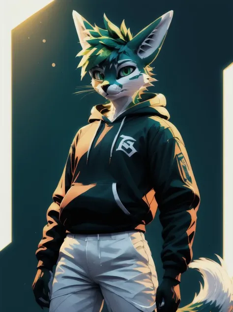 good lights, good colors, good composition, (bicolor:1.2),
masterpiece, 8k,
3/4 view, three-quarter view,
aestheticcartoon, good face, rexouium, white body, spiky lime green hair, lime green eyes
best art,
large white shorts, black hoodie