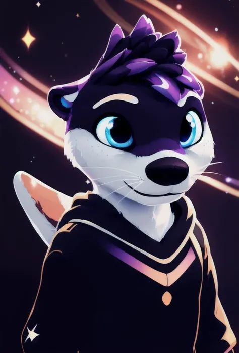 good lights, good colors, good composition, (bicolor:1.2),
masterpiece, 8k,
3/4 view, three-quarter view,
aestheticcartoon, (awtter, dark grey body, white face, spiky galaxy colored hair, purple hair, blue glowing eyes),
best art,
casual clothes