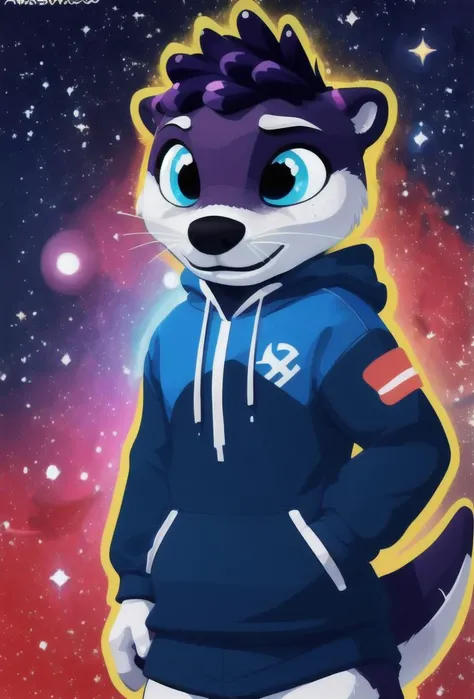 good lights, good colors, good composition, (bicolor:1.2),
masterpiece, 8k,
3/4 view, three-quarter view,
creative color splash background, slightly blurred background,
aestheticcartoon, (awtter, dark grey body, white face, spiky galaxy hair, purple hair, blue glowing eyes),
best art,
sweatshorts, blue hoodie, clothing