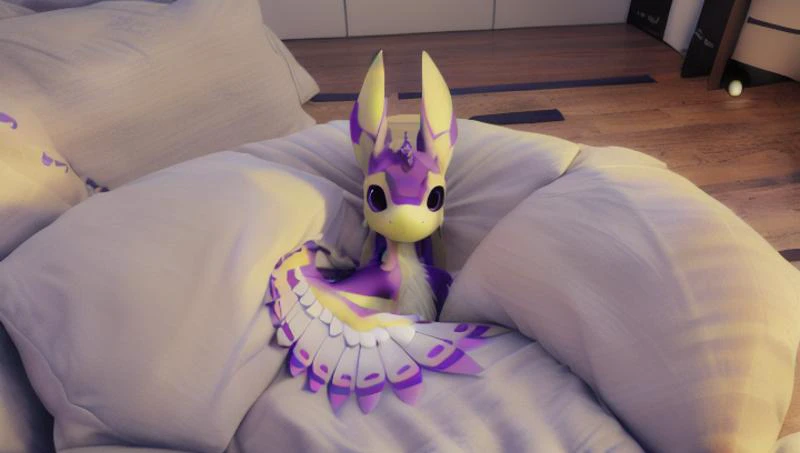 detailed rendering of a white anthro avali, davali, raised ears, arm wings, yellow face, purple markings
feathers, white arm wings, facing towards viewer, awake
covered in a big pillow, (only bust visible:1.2)
unreal engine 5 quality render, a 3D render, ultra realistic furs, realistic lighs, ultra detailed, <lora:avaliV1-medium:1> <lora:vrcfurry_v3:0.78> <lora:fluffyrock-quality-tags-v2.1.1-vpred:1>