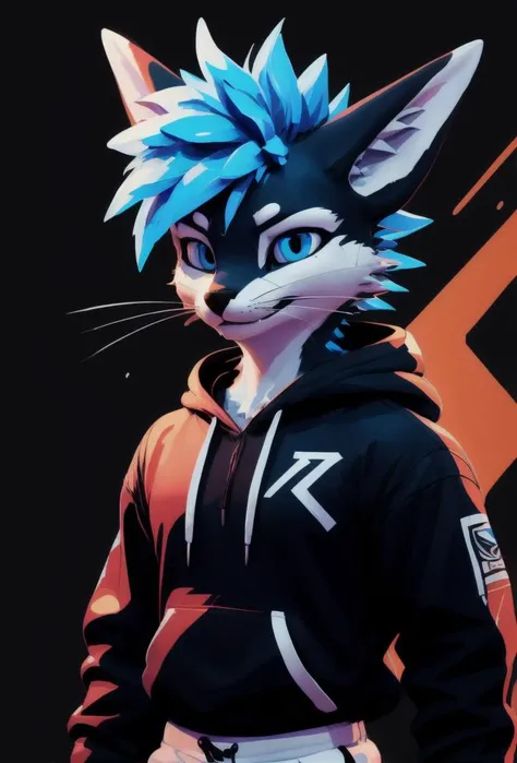 good lights, good colors, good composition, (bicolor:1.2),
masterpiece, 8k,
3/4 view, three-quarter view,
aestheticcartoon, rexouium, dark grey body, white face, spiky aqua hair, blue hair, aqua eyes,
best art,
large white shorts, black hoodie