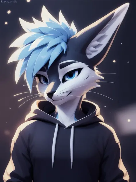 good lights, good colors, good composition, good face, gorgeous eyes, thick lines, close up portrait,
rim light, 8k, relaxed,
blurred background,
3/4 view, three-quarter view,
aestheticcartoon, good face, rexouium, dark grey body, white face, spiky aqua hair, blue hair, aqua eyes,
best art,
large tiel shorts, tiel hoodie:1.3, tiel clothing