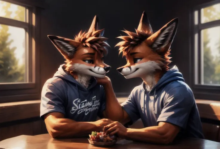 anthro fox, teenager, (good lights, good colors, good composition,:1.2) monocolor, bicolor brown and green, morning, 2boys, looking at each others,
masterpiece, aestheticcartoon,
bestart, painting, extremely detailed furs, smiling, (cute:0.5),
good face, spiky hairs, furry, gorgeous eyes, eating in a restaurant full of people, 3/4 view, three-quarter view, fluffy tail, hoodie tshirt, relaxed,
<lora:vrcfurry_v42:0.8>
<lora:fluffyrock-quality-tags-v2.1.1-vpred:1> <lora:add_detail:0.6>