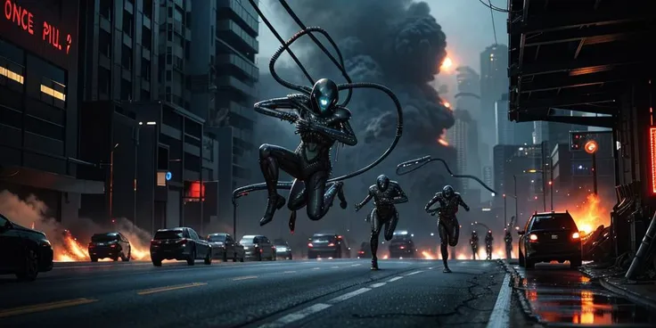 (giger style dark aliens leaping from an exploding oil tanker, action, explosions, wires, pipes, on a busy cyberpunk highway:1.2)<lora:gigersAlienFactory_11768:.9> <lora:cyberpunkStyle_v10:.5>