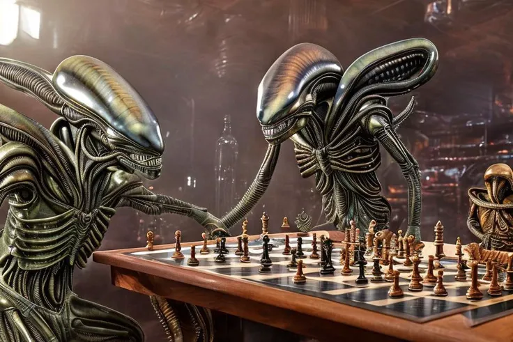 drunk, (legs in sneakers:1.3), (drunked Alien:1.2) (play chess with Ripley:1.3) , (crowded bottles bar, many bottles, intricate details:1.3), hdr, highly detailed, (hyperdetailed:1.3), cinematic, dark shot, muted colors, photography 400 ISO film grain 30mm lens RAW aperture f1.8, highly detailed (analog photography:1), soothing tones, muted colors, technicolor, low saturation, ((((muted colors)))), 4k textures, natural skin texture, insane details