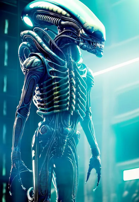 ASCII8k photo of bigbadejo alien_monster walking through a (detailed futuristic room, digital display panels), volumetric lighting, depth of field, ray tracing, subsurface scattering