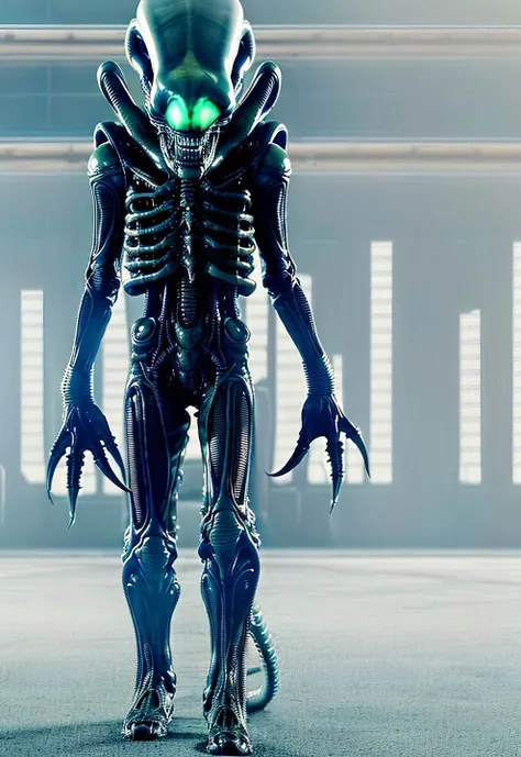 ASCII8k full body photo of bigbadejo alien_monster walking through an (industrial futuristic room, (aged sci-fi elements, retro sci-fi consoles), volumetric lighting, depth of field, ray tracing, subsurface scattering
