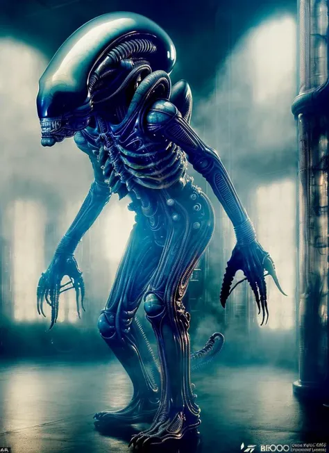 An 8K photo of bigbadejo alien_monster ((crouching)) in a (dark:1.5) detailed industrial futuristic room, with aged sci-fi elements, (retro sci-fi consoles and display panels), volumetric lighting, depth of field, ray tracing, subsurface scattering, dynamic pose