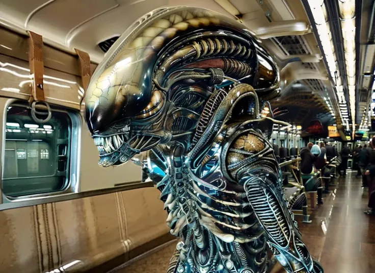 An 8K photo of ((bigbadejo alien_monster)) riding a ((Hankyu3000 train, train interior)), volumetric lighting, depth of field, ray tracing, subsurface scattering, masterpiece, best quality, ultra-detailed <lora:hankyu3000SeriesTrain_v1:1>