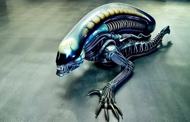 8k (full body) photo of bigbadejo alien_monster (dead on the floor), ((injured)), industrial futuristic room, volumetric lighting, depth of field, ray tracing, subsurface scattering
