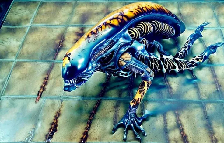 8k half dismembered body photo of bigbadejo alien_monster (dead on the floor), ((injured)), ((((old dark ocre blood splatters)))), fractured bones, dismemberment