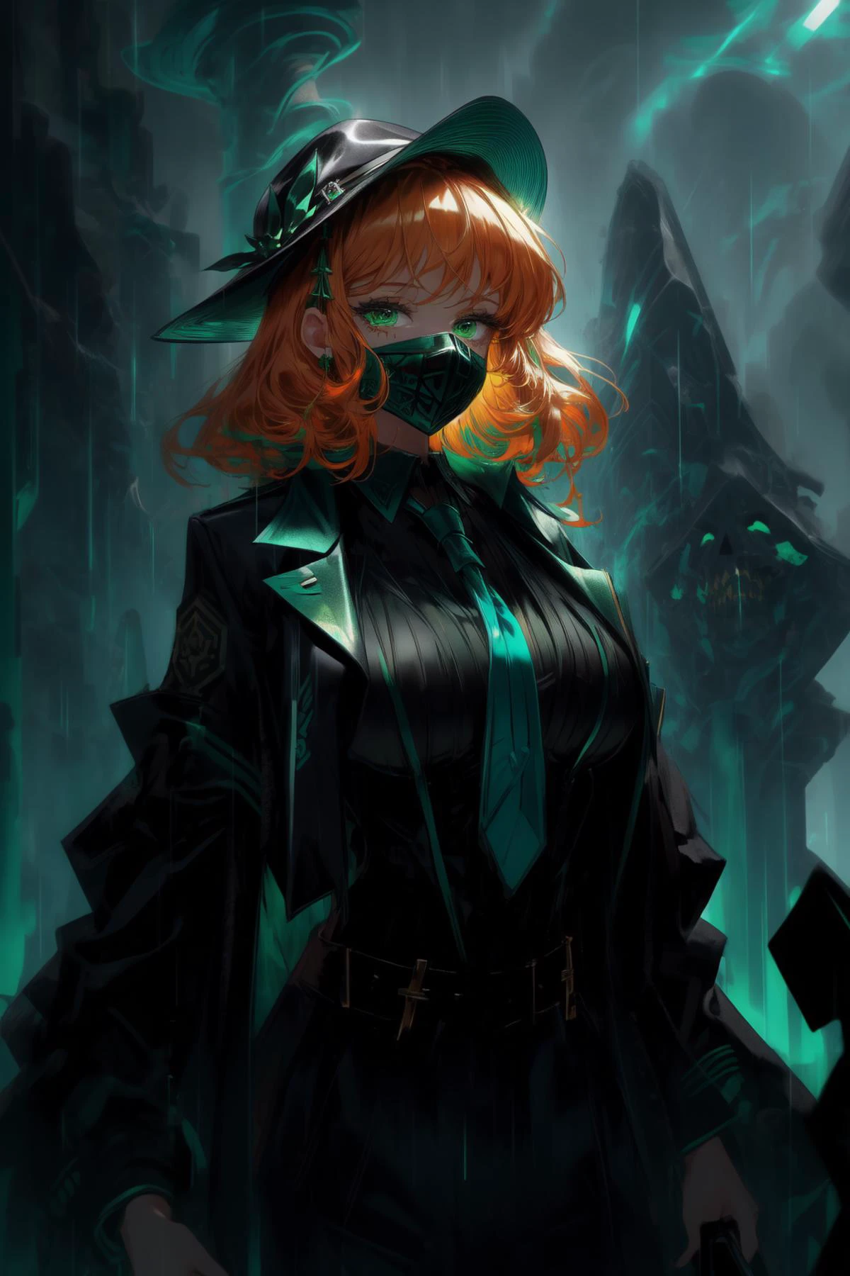 (masterpiece, best quality,best art,perfect detail:1.4),(black theme, turquoise green theme,:1.3),1girl,perfect detail eyes, perfect detail face, perfect white skin, orange| green hair, curly long hair, blurry background, breasts, depth of field, glowing,perfect detail glowing turquoise green eyes,black and glowing green suit, captain hat, medium breasts, fringed shoulder straps,
glowing green necktie, neon lights, outdoors, rain, solo, a giant black and green boat anchor, black shirt, <lora:ishmaellimbus-000030:1><lora:add_detail:0.99> <lora:smallcirclemouth_v100:1> <lora:1677258142121411308:0.8> Ghost mask ,skull mask