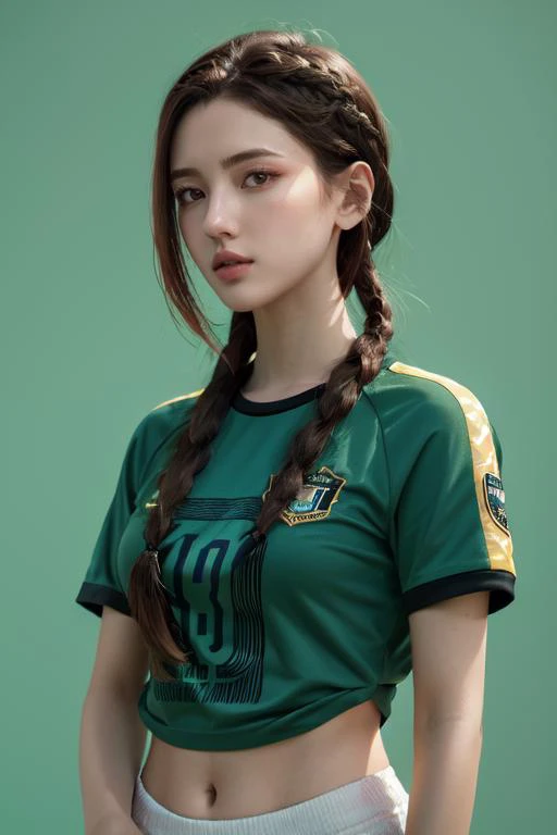 (otherworldly), highly insanely detailed, masterpiece, top quality, best quality, highres, 4k, 8k, RAW photo, (very aesthetic, beautiful and aesthetic), <lora:Baquero:0.8>, 1woman wearing soccer jersey, grass, on soccer field, upper body, standing, detailed hands, holding a soccer,
medium hair ,jet black hair, sandy blonde hair, sky blue hair ,colored inner hair ,beehive hairstyle hair, textured haircut hair, box braids hair, bob with bangs hair ,
jade green background,
cigarette in mouth,
âââ