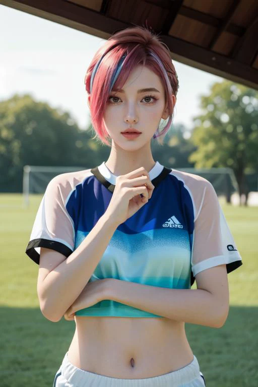 (otherworldly), highly insanely detailed, masterpiece, top quality, best quality, highres, 4k, 8k, RAW photo, (very aesthetic, beautiful and aesthetic), <lora:Baquero:0.8>, 1woman wearing soccer jersey, grass, on soccer field, upper body, standing, detailed hands, holding a soccer,
short hair ,pastel blue hair ,colored inner hair,multi_color_hair, multicolored hair, multi colored hair ,pixie cut hair, asymmetrical haircut hair ,
pure red background, transparent background,
relaxing, doze off,
âââ