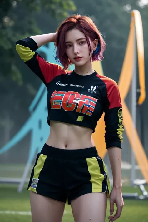 (otherworldly), highly insanely detailed, masterpiece, top quality, best quality, highres, 4k, 8k, RAW photo, (very aesthetic, beautiful and aesthetic), <lora:Baquero:0.8>, 1woman wearing soccer jersey, grass, on soccer field, upper body, standing, detailed hands, holding a soccer,
very short hair ,pinstripe hair, burgundy hair ,rainbow hair, Iridescence hair,multi_color_hair, multicolored hair, multi colored hair ,sweat hair,soaked hair,messy hair ,
tangerine background,
clothes lift, lifted by self, underboob,
âââ