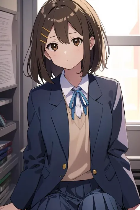 yuihirasawa, <lyco:yuihirasawa-LYCORIStest:1>,
yui hirasawa, (brown eyes:1.5), brown hair, hair ornament, hairclip, medium hair, (flat chest:1.2),
BREAK black pantyhose, blazer, blue jacket, blue ribbon, blue skirt, buttons, collared shirt, jacket, long sleeves, neck ribbon, pantyhose, pleated skirt, ribbon, sakuragaoka high school uniform, school uniform, shirt, skirt, white shirt, winter uniform,
BREAK looking at viewer,
BREAK indoors, classroom,
BREAK <lora:GoodHands-vanilla:1>, (masterpiece:1.2), best quality, high resolution, unity 8k wallpaper, (illustration:0.8), (beautiful detailed eyes:1.6), extremely detailed face, perfect lighting, extremely detailed CG, (perfect hands, perfect anatomy),