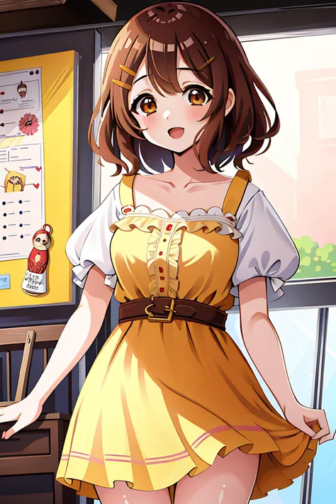 masterpiece, best quality, 1girl, solo, cowboy shot, withLora(yuihirasawa-LYCORIStest,0.5), yui hirasawa, brown eyes, brown hair, hair ornament, hairclip, medium hair, \:d