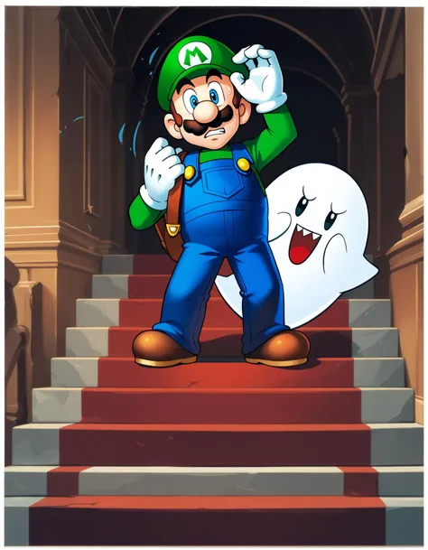 score_9, score_8_up, score_7_up, score_6_up, score_5_up, score_4_up
<lora:mario_universe-v6_pdxl:0.8> Luigi, fleeing, sweat, blue overalls, green shirt, poltergeist backpack, haunted mansion interior, dark, spooky, wooden walls, red carpet, staircase, (scared:1.1), trembling, worried, ghost, boo \(mario\), official Nintendo artwork