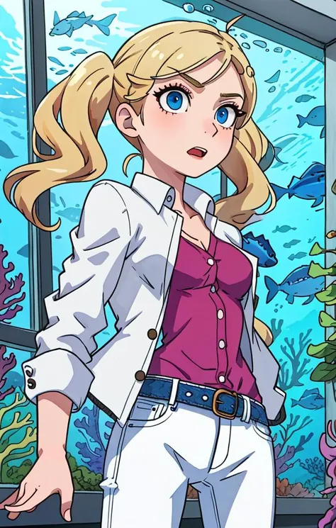 <lora:AnnTakamakiPersona5:1> watercolor, outdoors, underwater, glass, windows, aquarium, casual clothes, jacket, button up shirt, jeans, belt, ann takamaki [persona], 1girl, amazed expression, blue eyes, blonde twintails