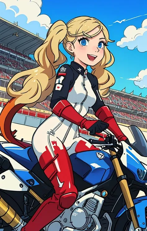 <lora:AnnTakamakiPersona5:1> sketch, traditional media, outdoors, race track, giant television screens, riding a motorcycle, racesuit, red cat tail, ann takamaki [persona], 1girl, happy expression, blue eyes, blonde twintails