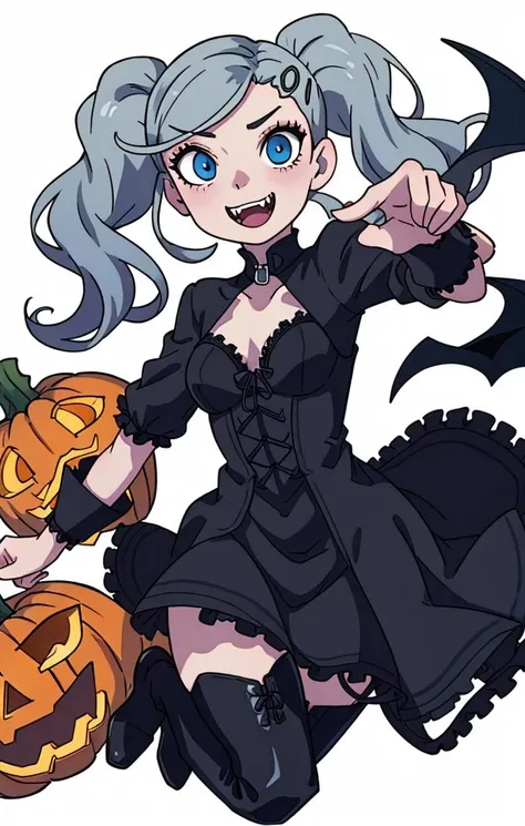 <lora:AnnTakamakiPersona5:1> anime illustration, best shadows, halloween, pumpkins, ghosts, fangs, black lacy dress, black thigh boots, ann takamaki [persona], 1girl, happy expression, black twintails, blue eyes, scary pose
