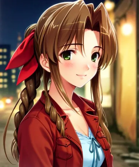 portrait, (adult woman), (1girl, solo), smile, (brown hair), green eyes, ((slums)), (night, hazy), ((best quality, high detail)), ((masterpiece)), <lora:Cha - Aerith v3:.75> aerith gainsborough, hair ribbon, braid, cropped jacket, dress, <lora:1_amanesou_20e:1>
