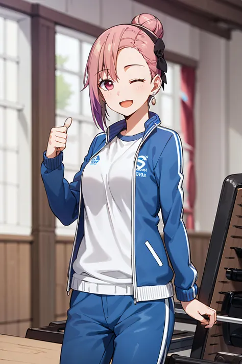 best quality, (masterpiece:1.2), detailed,
<lora:chara_Kaguya-samaWaKokurasetai_KoyasuTsubame_v1:0.8>,
1girl, solo, smile, open mouth, one eye closed, thumbs up,
pink hair, pink eyes, short hair, multicolored hair, single hair bun, black bow, earrings,
white shirt, blue jacket, track jacket, blue pants,
standing, looking at the viewer,
indoors, gym