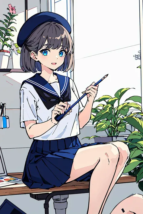 masterpiece, intricate detail,best quality, <lora:fluffy2038:0.9>gray short hair,Sailor suit,happy, plant,flower,excited,{{drawing}},{beret},artist hat,{{looking at you}},Masterpiece,best quality, beautifully painted,highly detailed,{an extremely delicate and beautiful girl},Drawing board,paint brush,Pigment,{{{colorful}}},one girl drawing on the Drawing board, {beautiful detailed eyes},student,Skirt,