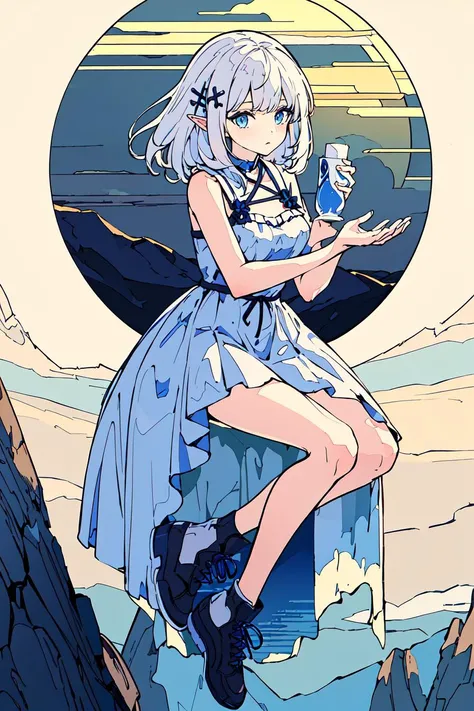 masterpiece, intricate detail,best quality, <lora:fluffy2038:0.9>{an extremely delicate and beautiful},extremely detailed 4k CG, full body, white_hair, blue eyes, highres, moon, cold face,  {1girl},hair_ornament,hairclip, elf, mountain,chiffon dress, highres,cross-laced footwear,