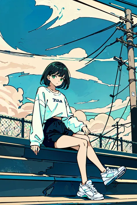 masterpiece, intricate detail,best quality, <lora:fluffy2038:0.8>1girl, solo, railing, cloud, sitting, outdoors, whale, short hair, shoes, sky, long sleeves, sneakers, power lines, white footwear, black hair, looking at viewer, utility pole, bangs, cloudy sky, fish, bird, green eyes, shorts, animal, day, black shirt, bare legs