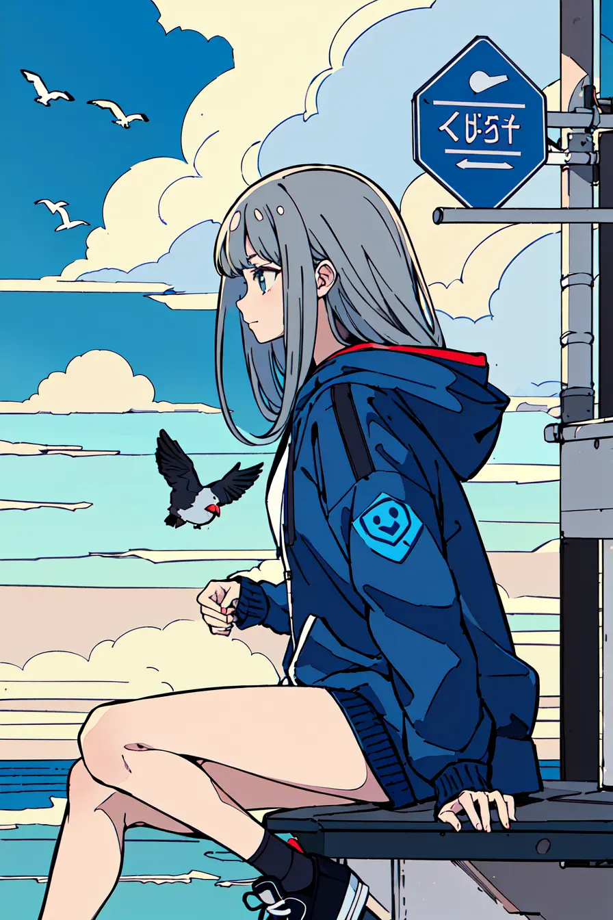 masterpiece, intricate detail,best quality, <lora:fluffy2038:0.8>1girl, solo, bird, hood, sitting, long hair, shoes, jacket, black footwear, hood down, animal on shoulder, grey hair, animal, blue jacket, sneakers, sign, cloud, bangs, long sleeves, from side, hoodie, profile, outdoors, bird on shoulder, sky, hooded jacket