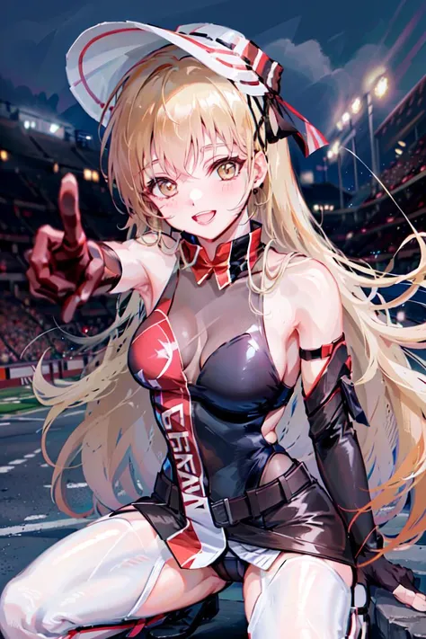 ppkgfl, 1girl, solo, (race queen), visor cap, white belt, leotard, center opening, skin tight, bare shoulders, black elbow gloves, fingerless gloves, white thighhighs, black thigh boots, squatting, legs apart, pointing at viewer, smile, (looking at viewer), stadium, <lora:ppkgfl_v26e2:1>