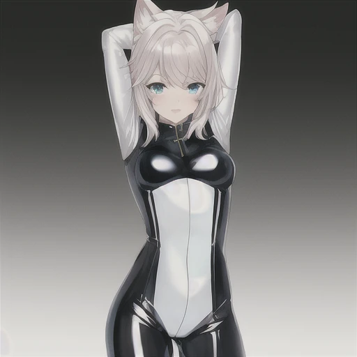 {{{masterpiece}}}, best quality, miqote girl wearing a transparent latex catsuit, sweated, glossy, shiny, in a white room,