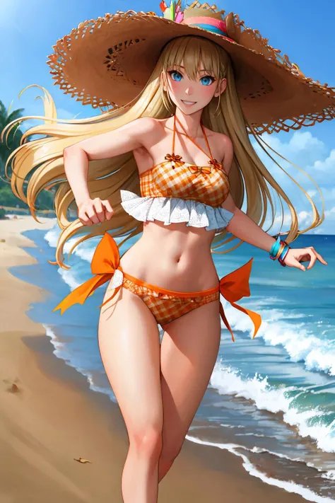 masterpiece, best quality, <lora:rileymiller-nvwls-v1-000009:1> riley miller, straw hat, frilled bikini, orange bikini, beach, running, smile, beach, water, waves