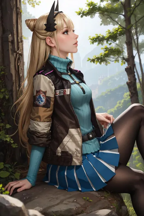 masterpiece, best quality, <lora:rileymiller-nvwls-v1-000009:1> riley miller, hairband, hair ornament, jacket, ribbed sweater, turtleneck, skirt, pantyhose, arms at sides, looking up, sitting, from side, rocks, forest