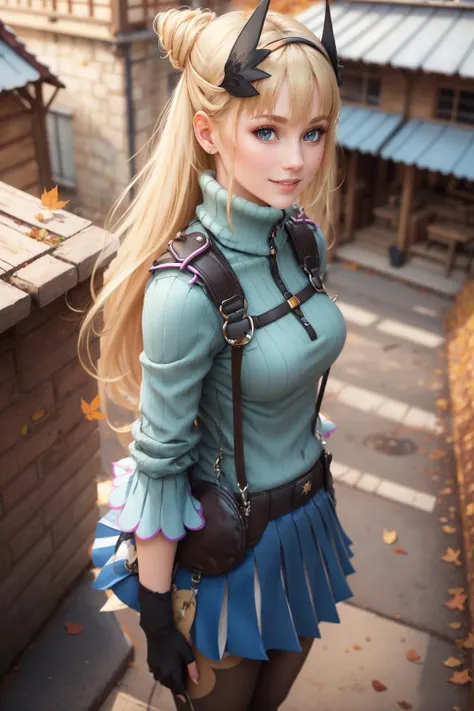 masterpiece, best quality, <lora:rileymiller-nvwls-v1-000009:0.9> riley miller, hairband, hair ornament, ribbed sweater, turtleneck, fingerless gloves, skirt, pantyhose, from side, from above, looking at viewer, smile, village, autumn