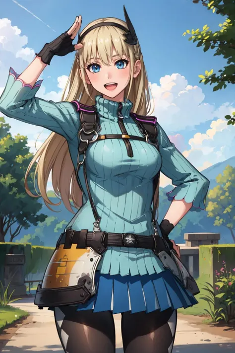 masterpiece, best quality, <lora:rileymiller-nvwls-v1-000009:0.9> riley miller, hairband, hair ornament, ribbed sweater, turtleneck, fingerless gloves, skirt, pantyhose, cowboy shot, :D, looking at viewer, happy, forest, sky, clouds, salute
